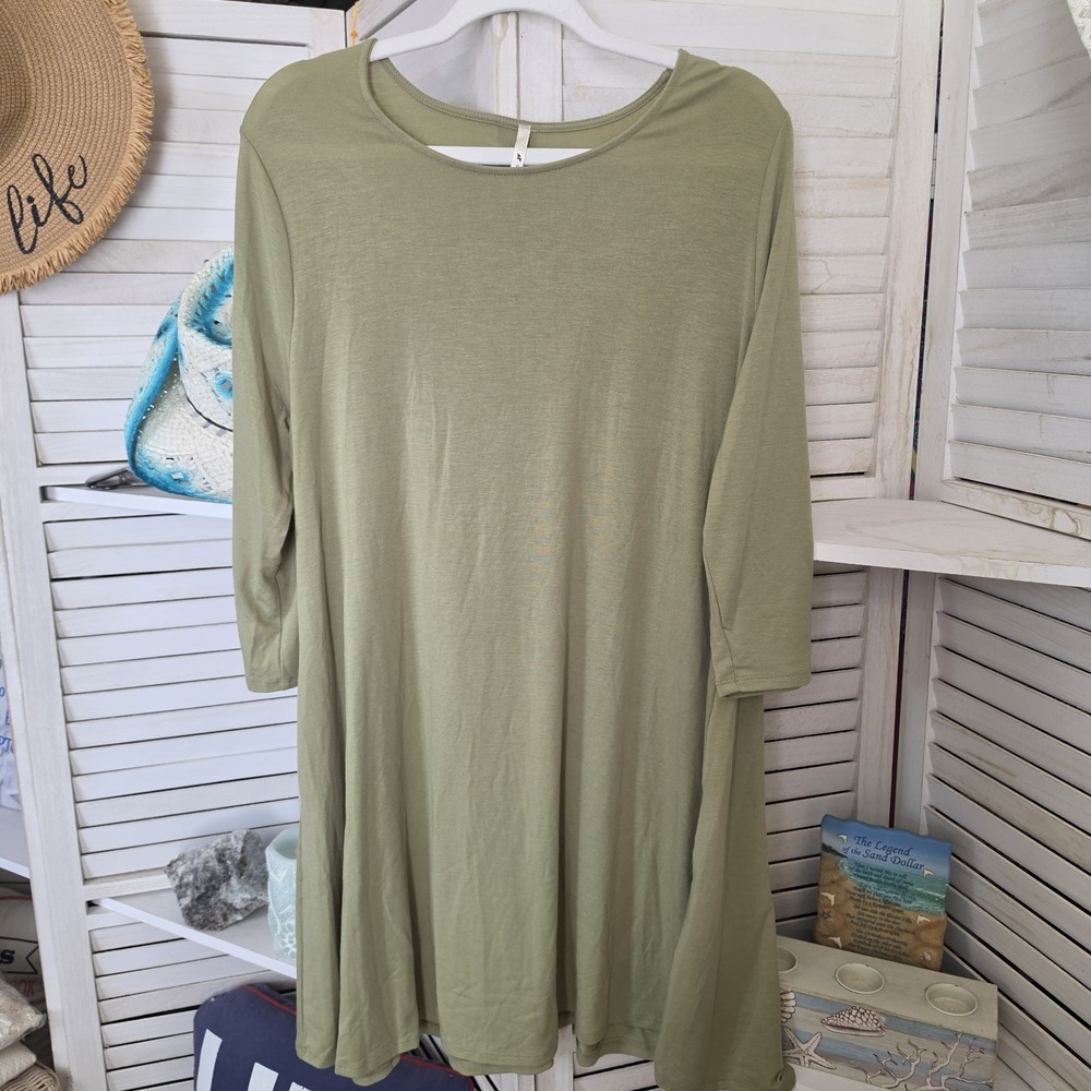 42Pops Women 1X Olive Green A-Line Dress 3/4 Sleeve Casual Boho RT-9928XP